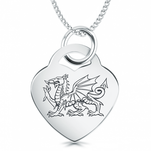 Welsh Dragon Heart Shaped Sterling Silver Necklace (can be personalised)