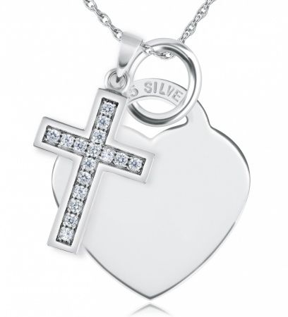 Cross & Heart Necklace, Personalised, Cubic Zirconia & Sterling Silver