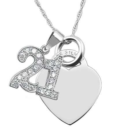 21st Birthday Necklace, Personalised, Heart, CZ & Sterling Silver