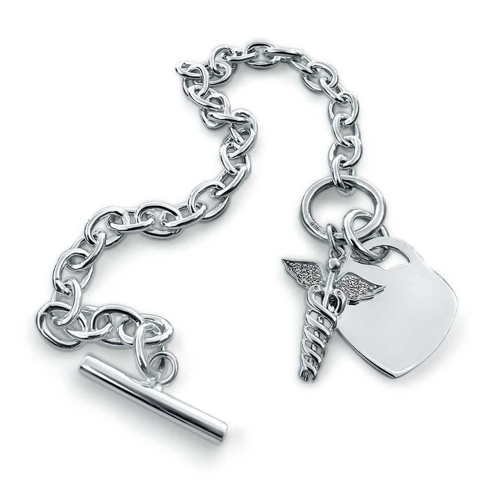 Ladies Medical Alert Toggle Bracelet, Personalised, Sterling Silver