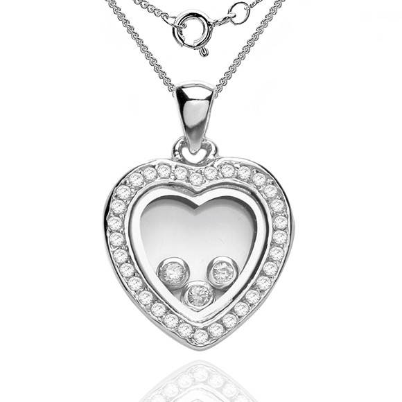 Floating Heart Necklace, Cubic Zirconia & 925 Sterling Silver